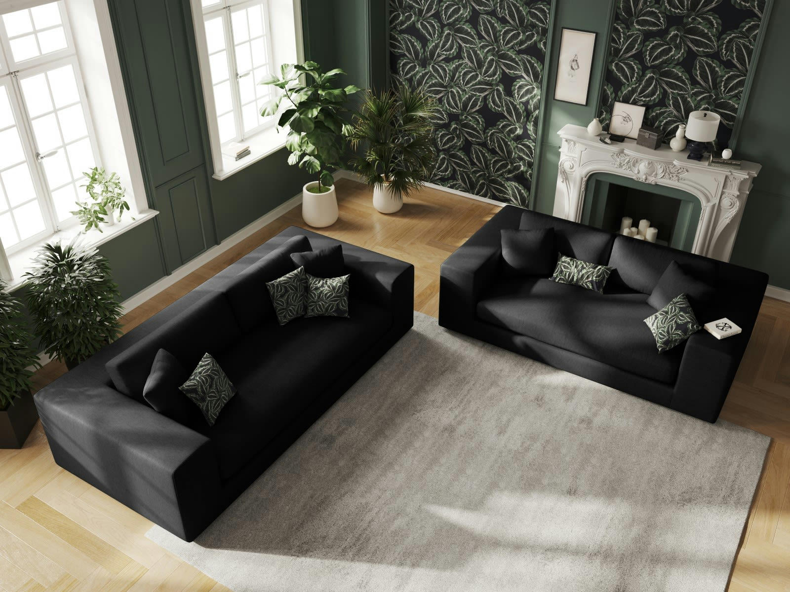 TENDANCE - Canapé 4 places en tissu structuré noir