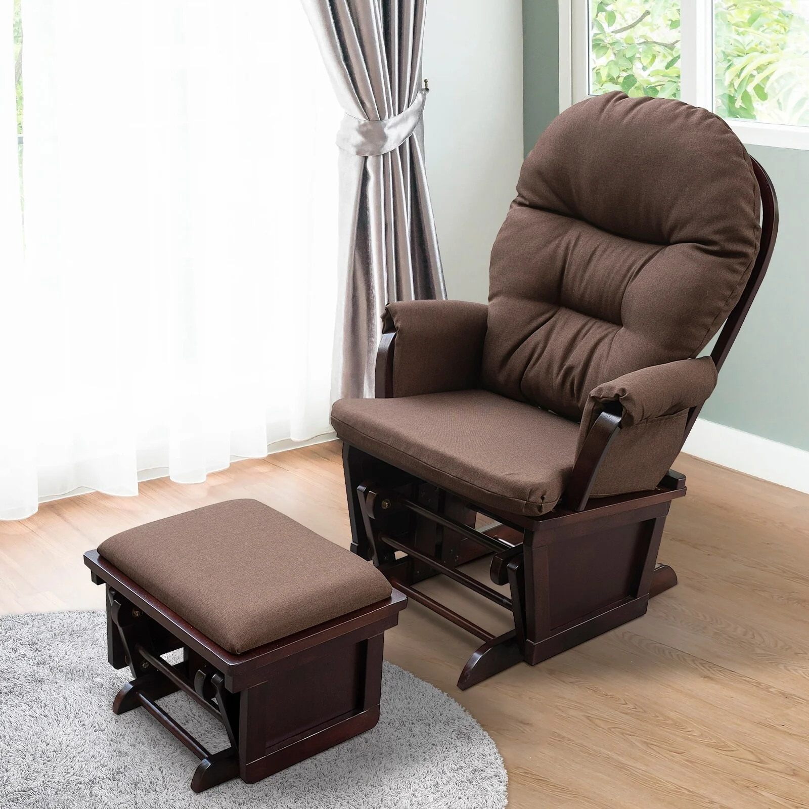 Glider Rocker Chair with Ottoman & Brown Wood Base