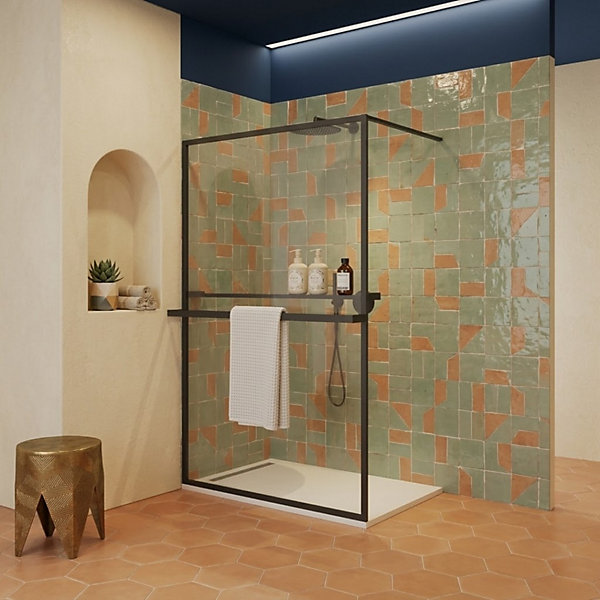 Paroi de douche 120 x 200 avec Porte Serviette et Porte Savon cadre completNoire Essebagno