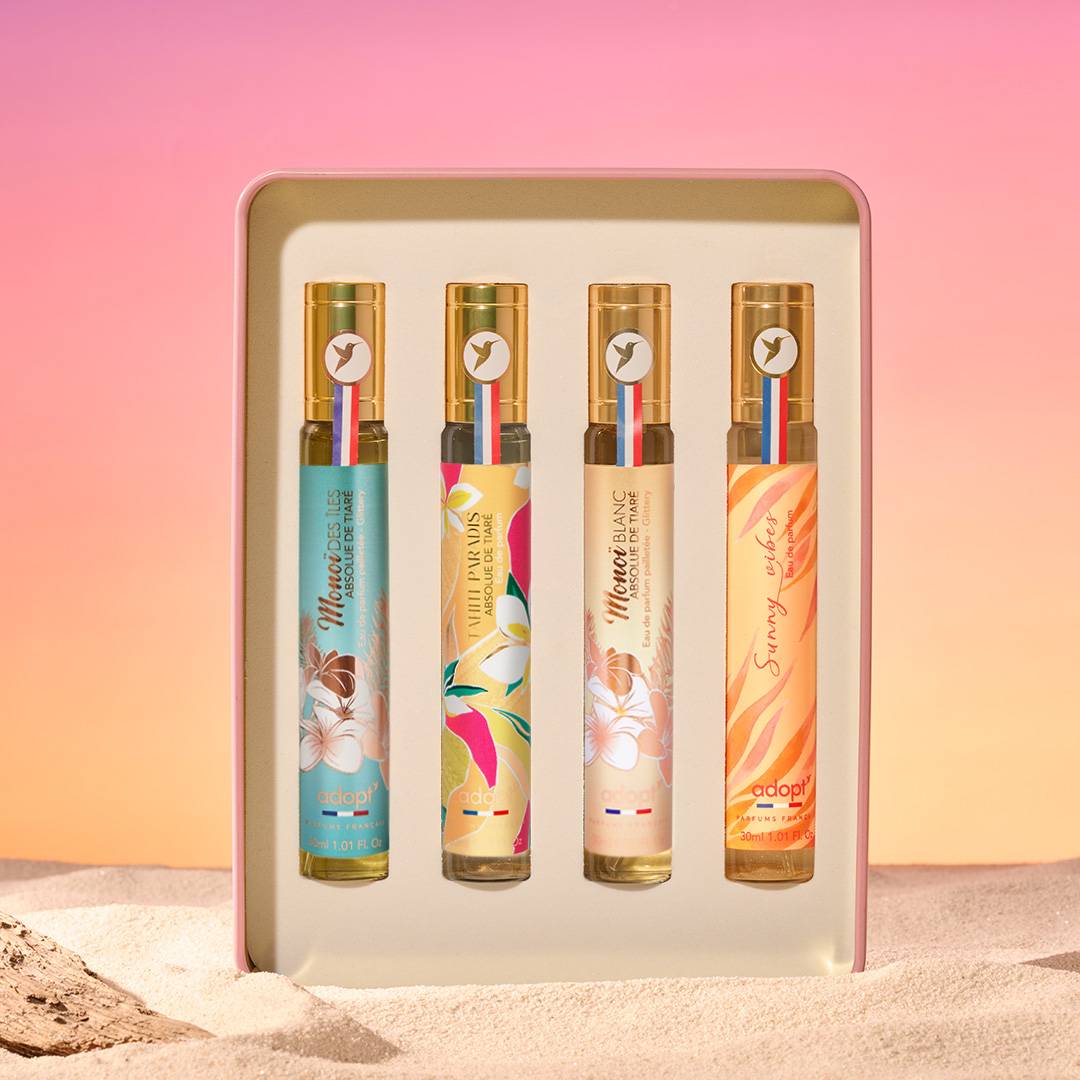 Sweet SummerCoffret Métal 4 eaux de parfums Monoi des iles 30 ml   Tahiti Paradis 30 ml   Monoi Blanc 30 ml   Sunny Vibes 30 ml