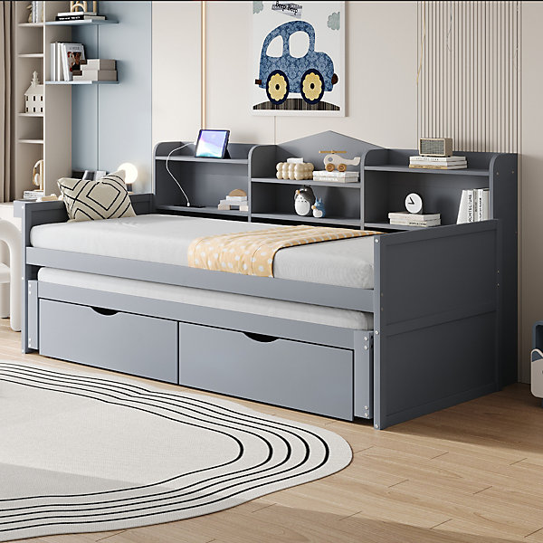 Canapé-lit 90x200 cm avec lit tiroir 90x190 cm deux tiroirs grand rangement panier étagères port USB bois gris