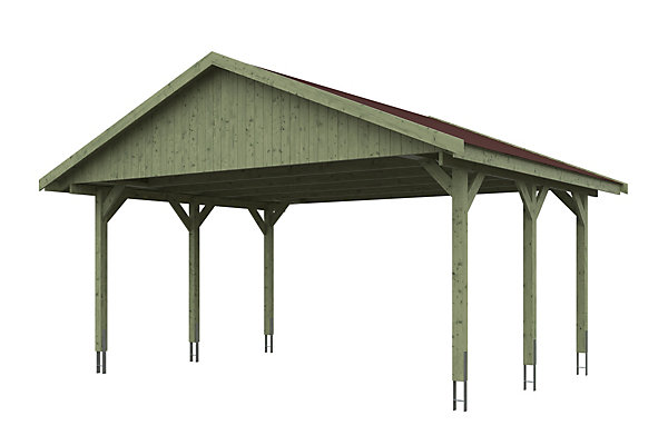 Carport SKAN HOLZ Wallgau 620 x 500 cm, imprégné vert, avec bardeaux rouge