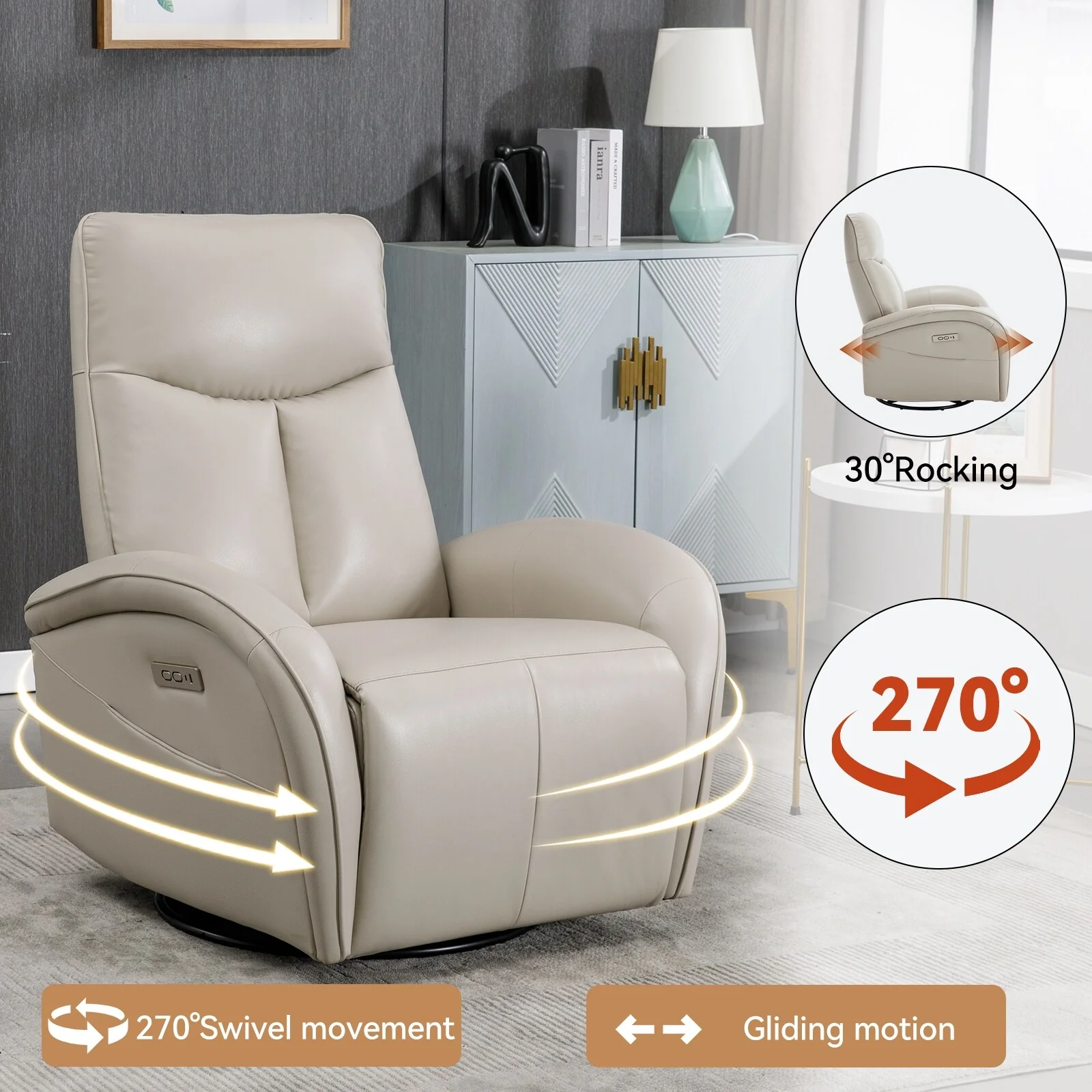 Armless Recliner Chair with Power Glider Swivel Rocker, USB & Type-C Ports, and High-Density Backrest