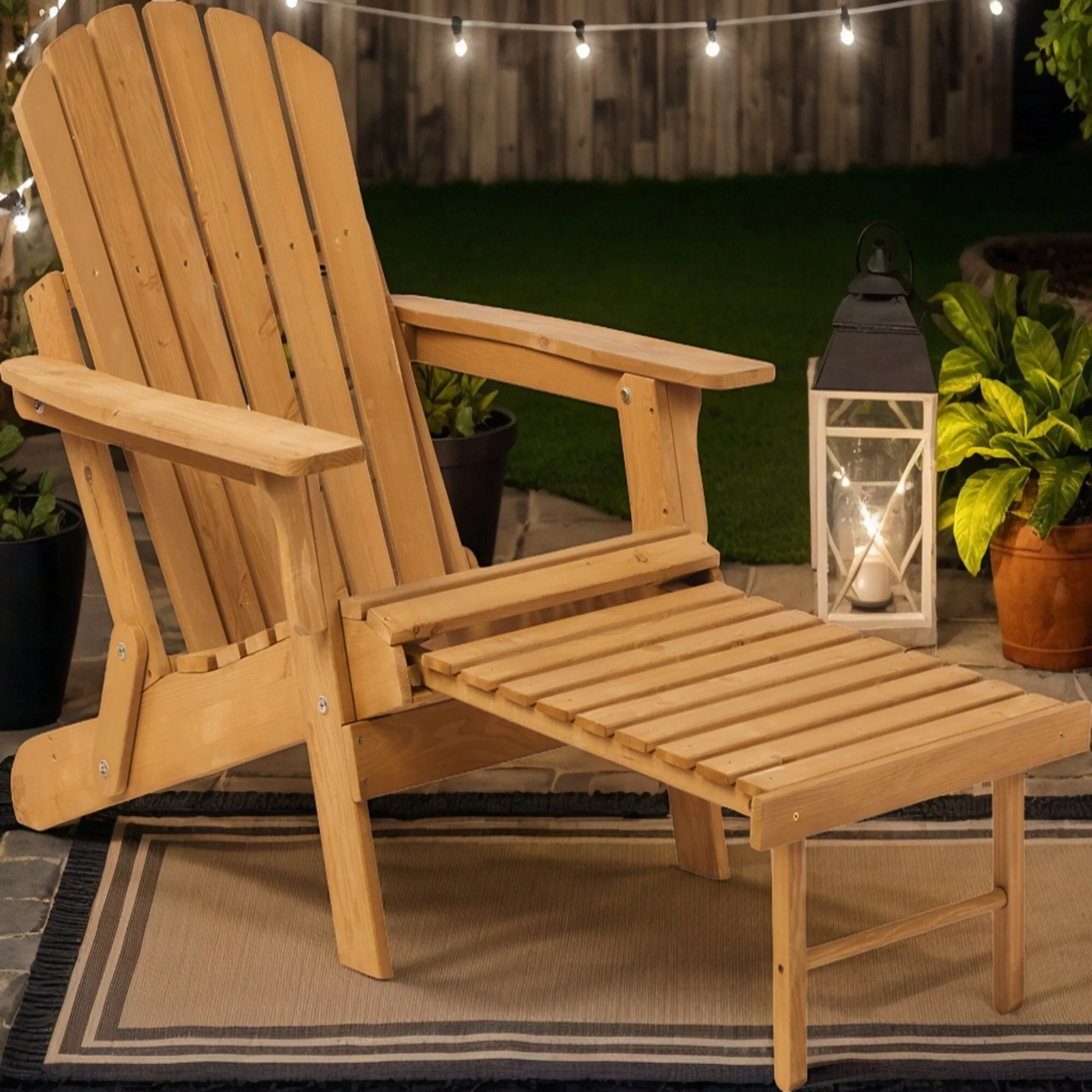 Outdoor Wooden Folding Adirondack Chair with Retractable Ottoman