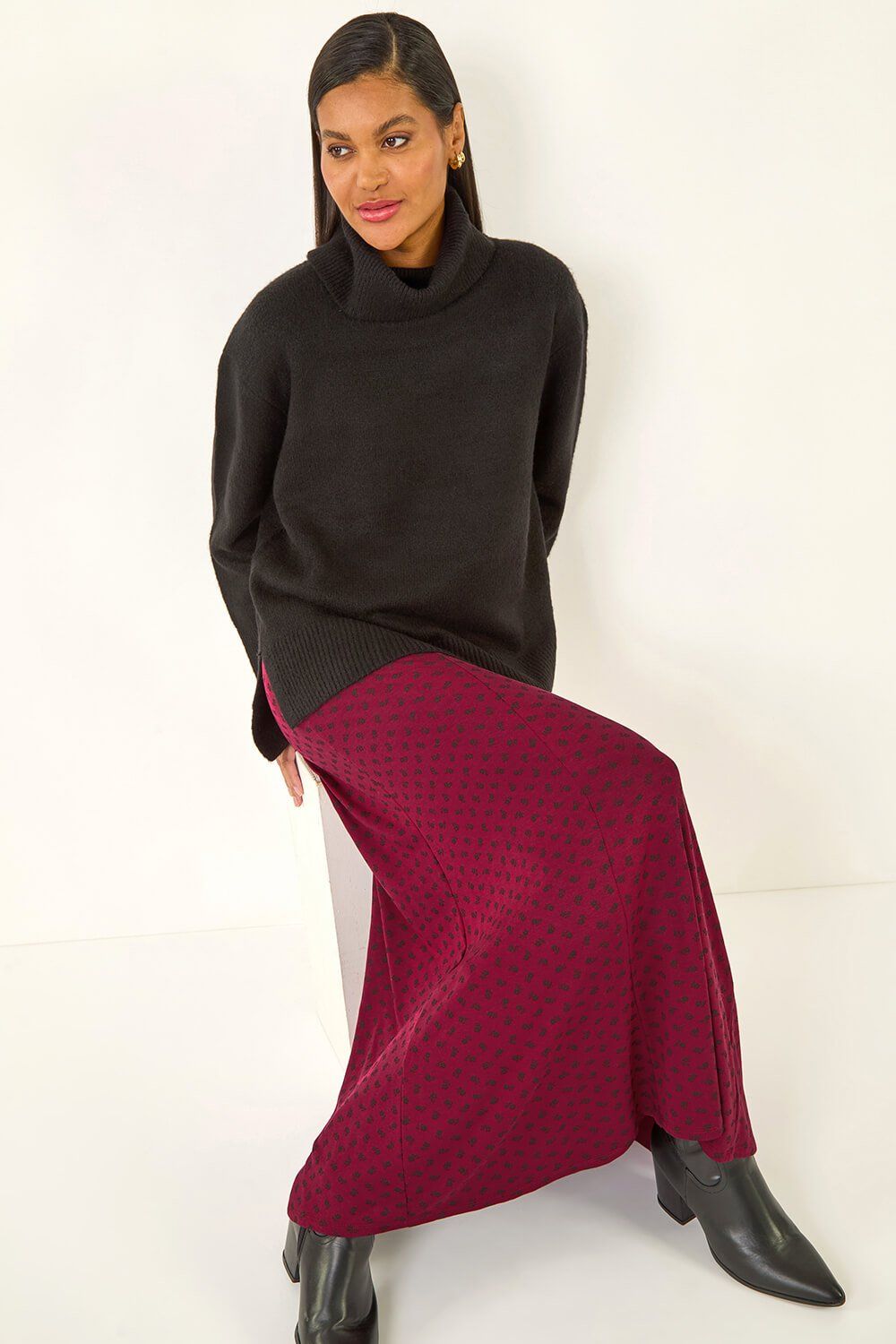 Roman Ditsy Floral Print Stretch Midi Skirt