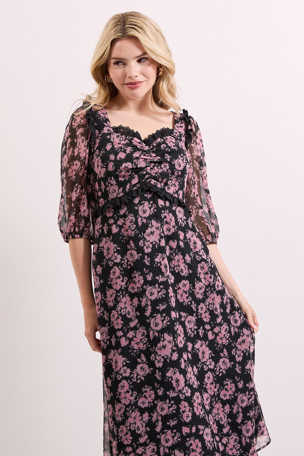 Dorothy Perkins Floral Printed Lace Trim Blouson Sleeve Midi Dress