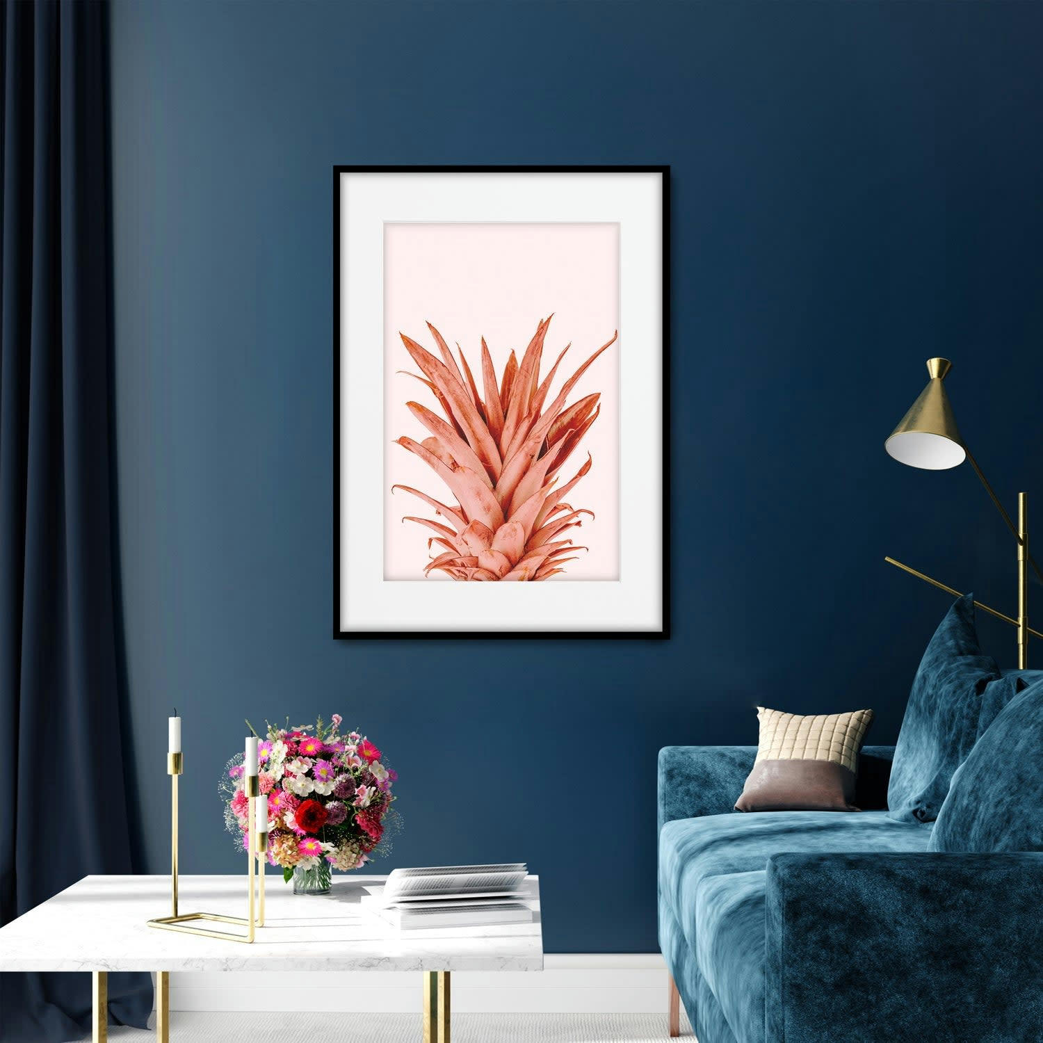 TROPICAL - Affiche avec cadre noir - Ananas Couleur Saumon - 30x40