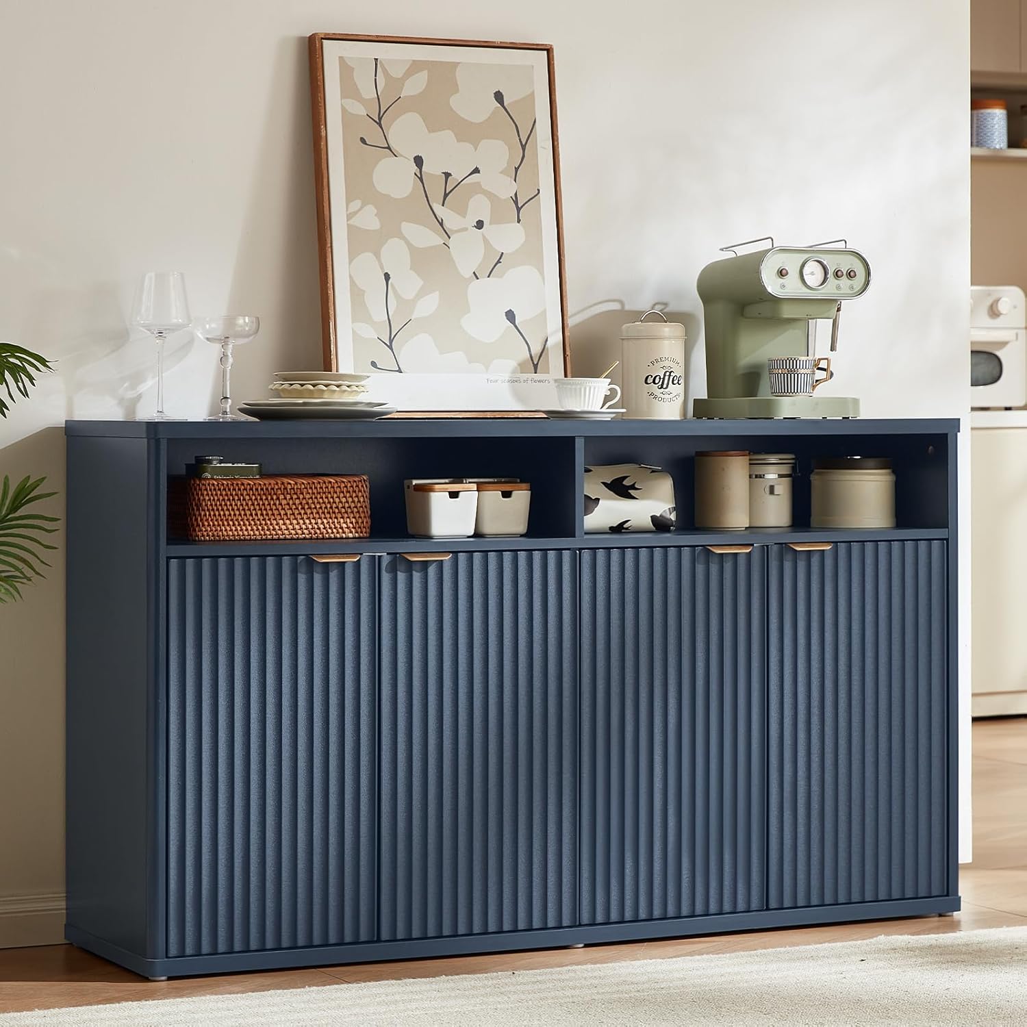 LEYAOYAO Fluted Buffet Cabinet with Storage, 55 Wide Wood Sideboard Credenza with 4 Doors & Open Storage Shelf, Modern Kitchen Console Accent Cabinets, Coffee Bar Table for Dining Room, Dark Blue
