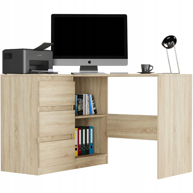 Biurko narożne 112cm 3 szuflady półka FRAMIRE N-4L sonoma