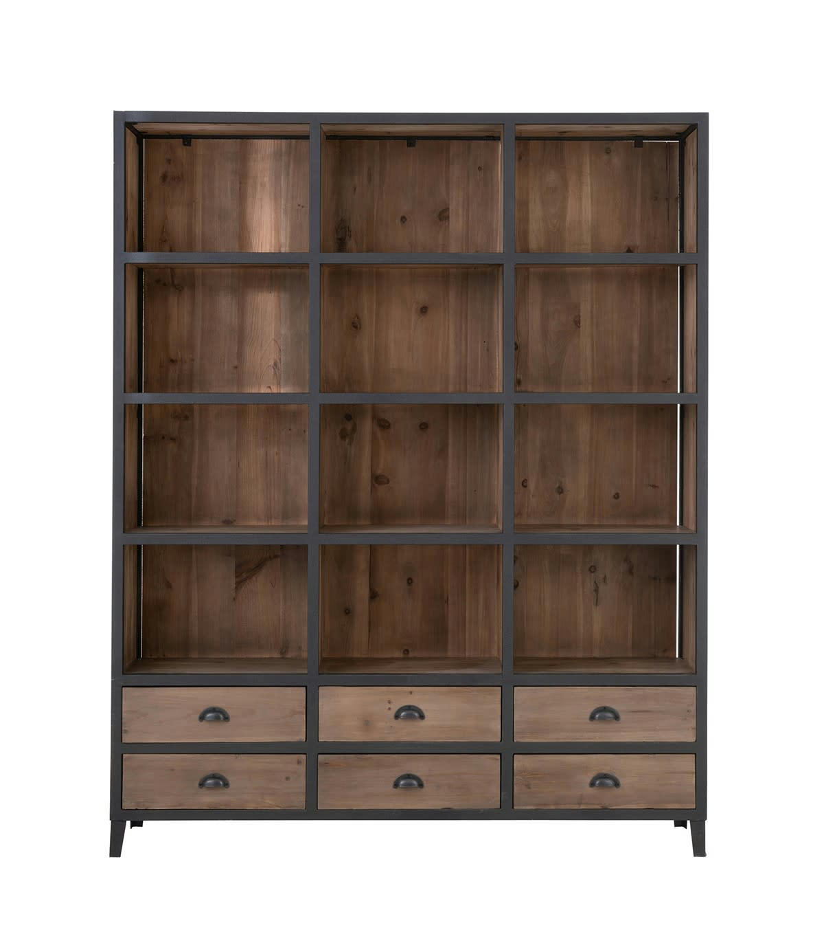 - Bibliothèque avec 12 cases et 6 tiroirs en bois et métal noir