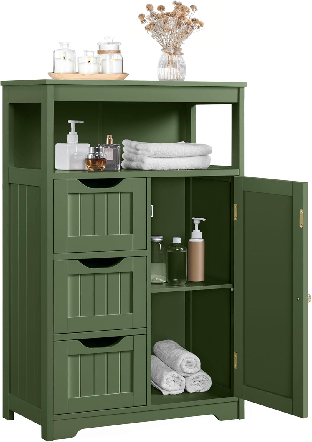 Yaheetech Bathroom Storage Cabinet, Storage Organizer with 1 Door and 3 Drawers, Adjustable Shelf, Free-Standing Floor Cabinet Cupboard for Kitchen/Living Room/Bathroom, Green