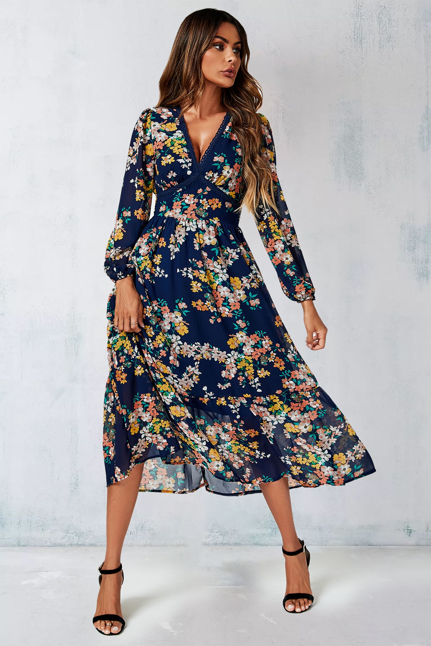 FS Collection Floral Print Lace Trim Deep V Neck Long Sleeve Midi Dress In Navy