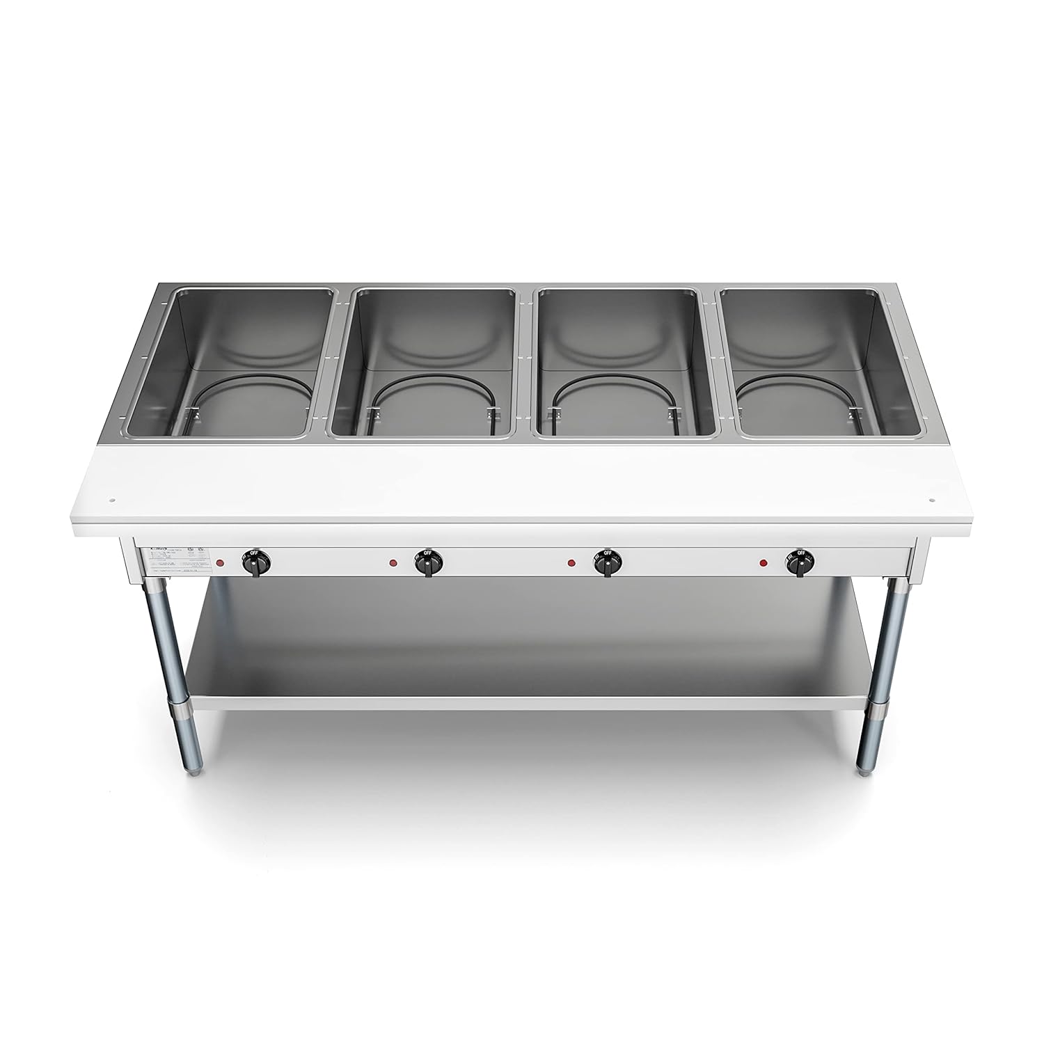 KoolMore 4-Pan Open Well Commercial Electric Stainless Steel Steam Table Food Warmer for Buffets with Undershelf, Warming Control Knobs, and Front Serving Area [120V] (KM-OWS-4), Silver