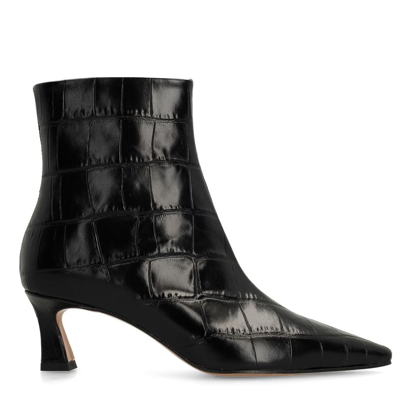 Manfield Zwarte leren croco enkellaarsjes met hak