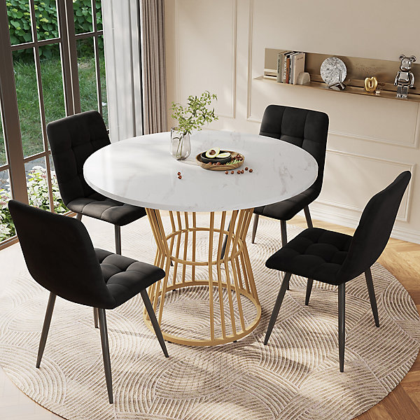 Ensemble table et chaises 100x75x75 cm rond MDF effet marbre avec 4 chaises velours et pieds métal réglables