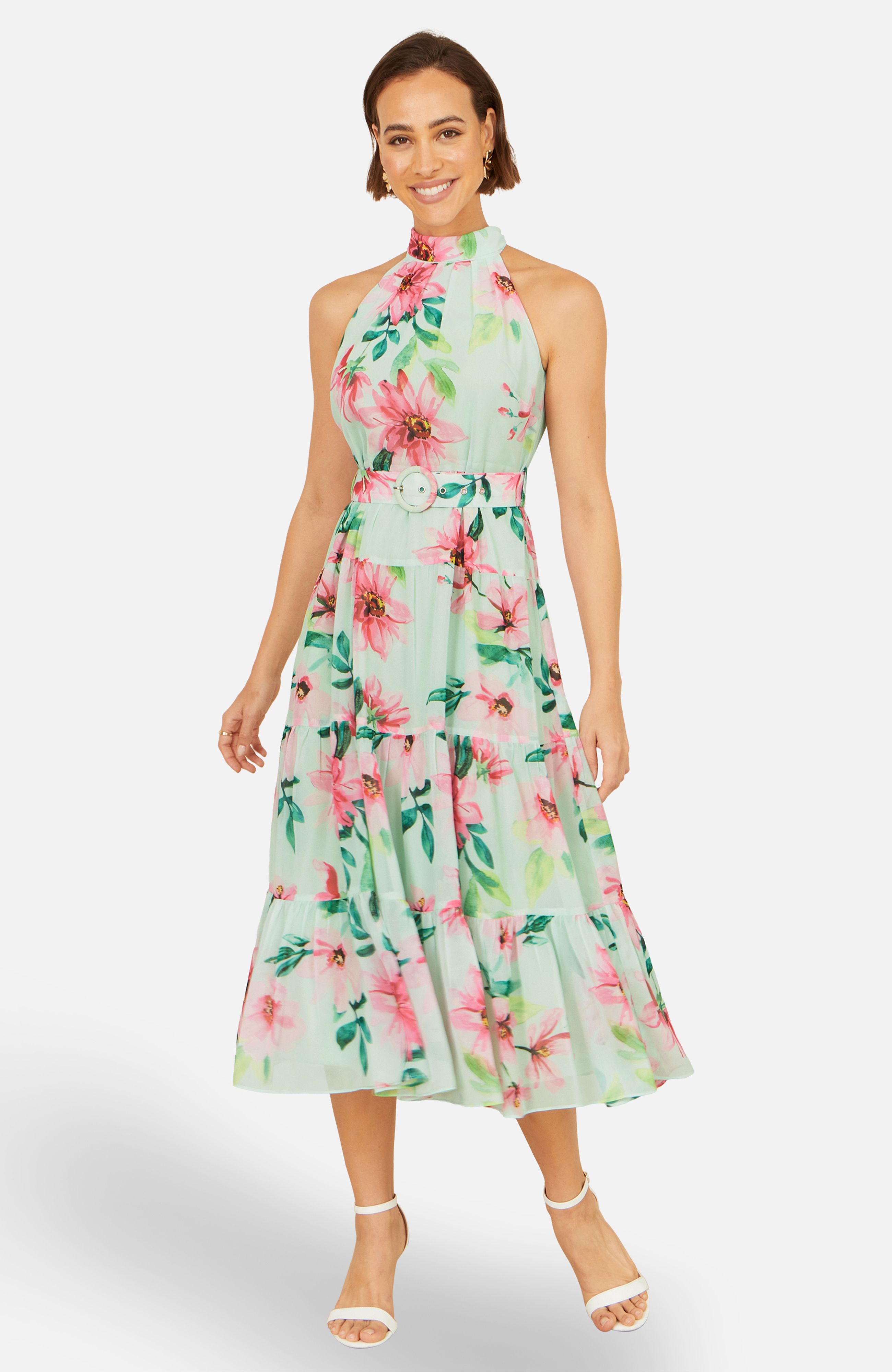 Yumi Mint Floral Halter Dress With Matching B