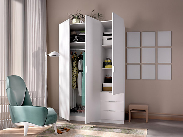 Armoire 3 portes et 3 tiroirs - L121 cm - Blanc - LISTOWEL