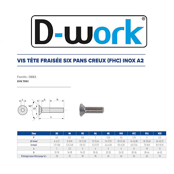 50 Vis Métaux Tête Fraisée 6 Pans Creux FHC 8 x 70 mm - DIN 7991 - Inox A2 - D-Work