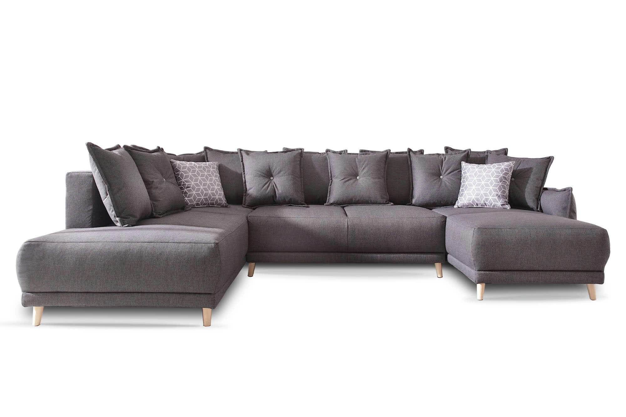 LENA - Canapé panoramique 7 places angle gauche en tissu gris foncé