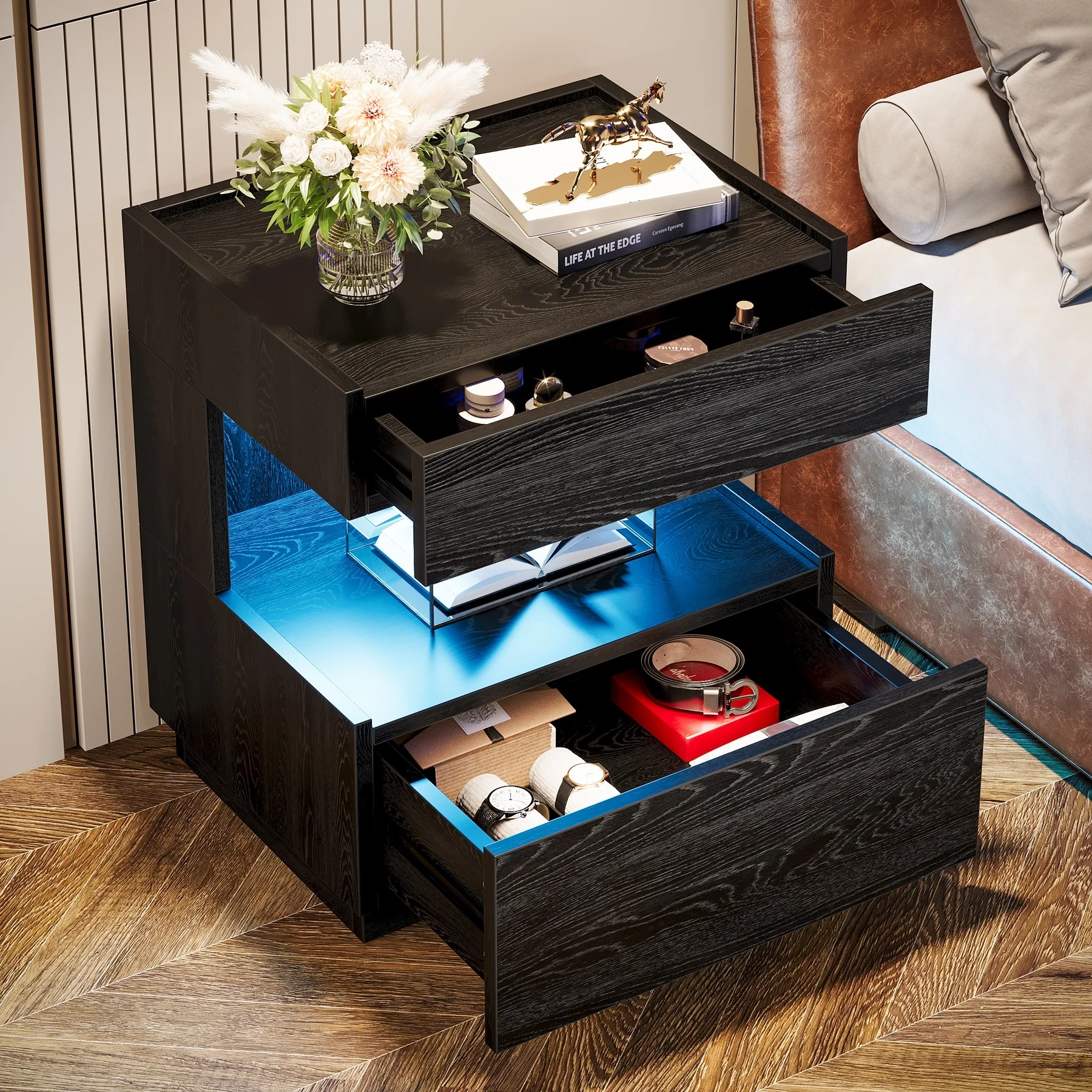 Modern LED Black Nightstand Wood Bedside End Table with 2 Drawers