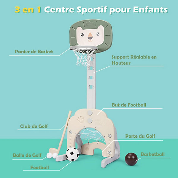 3 en 1 Panier de Basket Enfant, Golf,Football, 5 Niveaux de Hauteur Ajustable, pour Enfants(Vert Blanc)