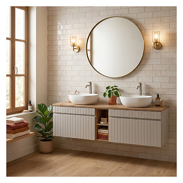 Ensemble ICON : meuble sous vasque 140cm cachemire avec niches visibles aspect bois et plan pour vasque aspect bois