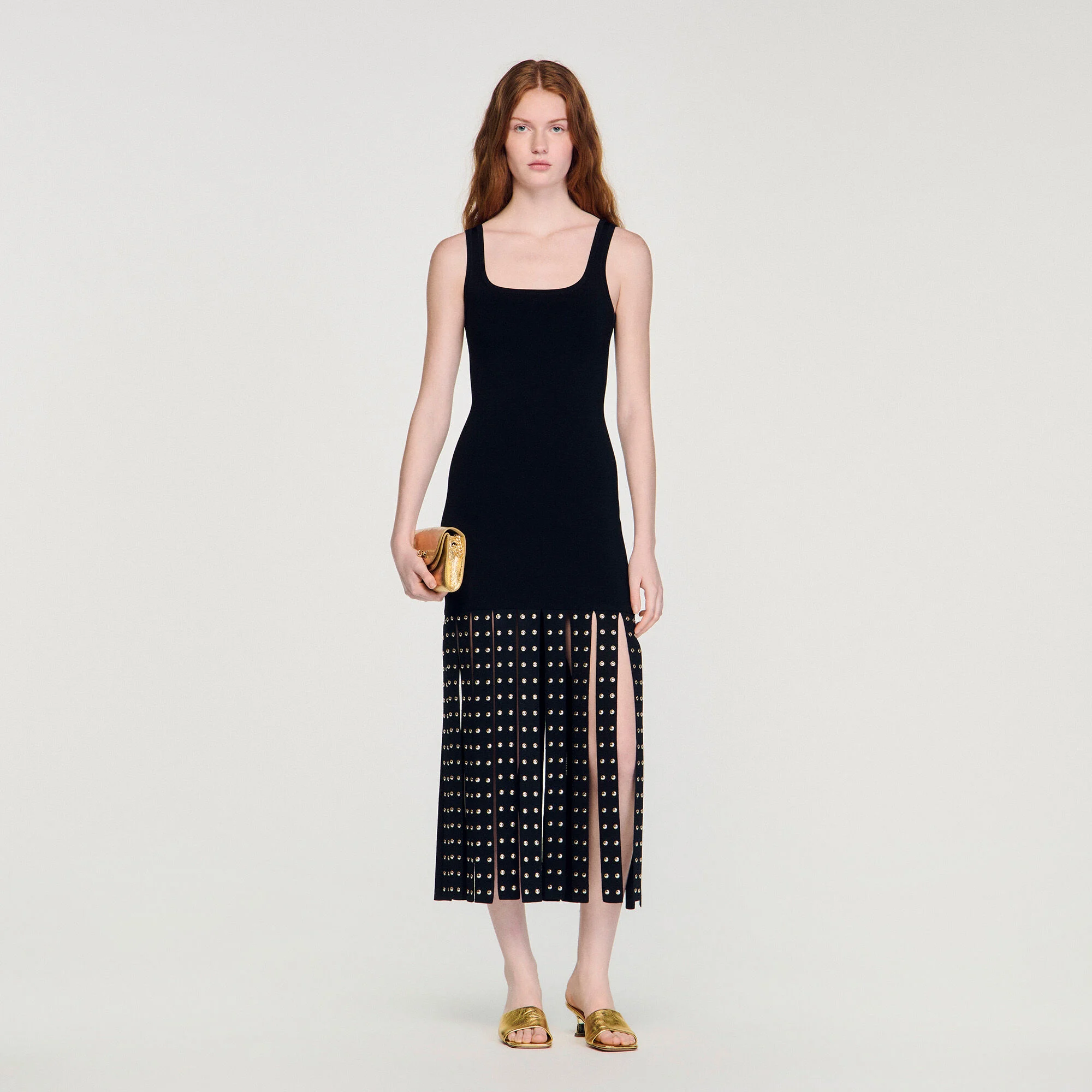 Robe longue en maille à franges