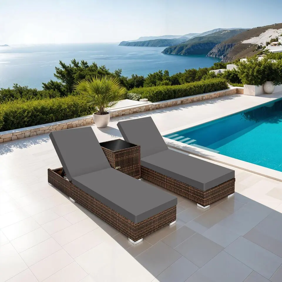 tectake 2 wicker ligbedden met aluminium frame en tafel, inclusief beschermhoes