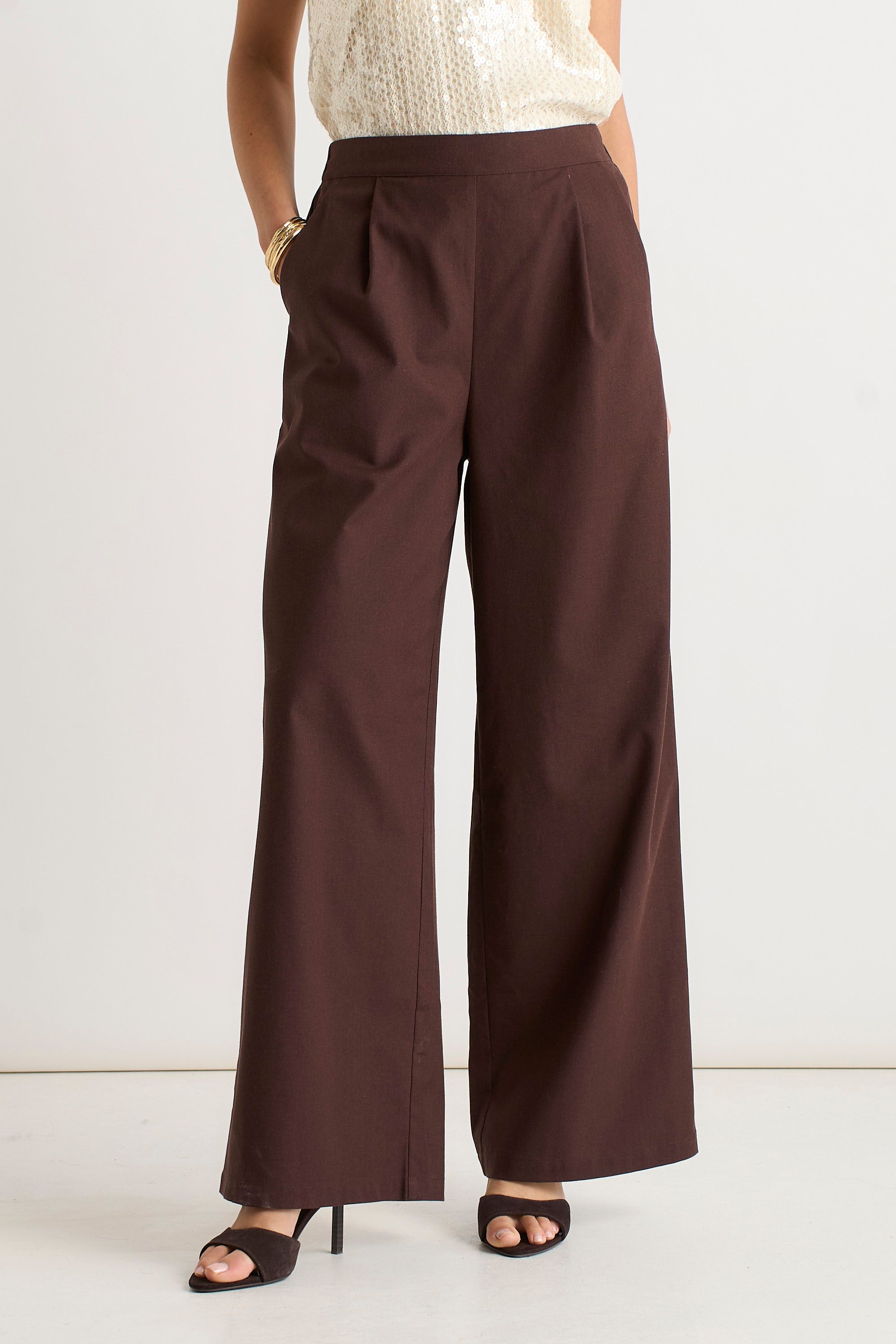 Gini London Brown Linen Mix Wide Leg Trouser