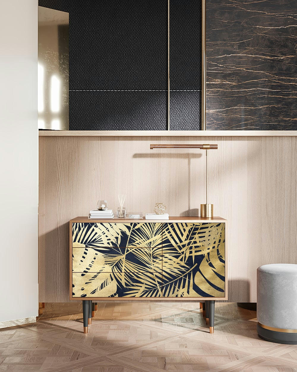JUNGLE VIBES - Buffet  bleu et jaune 3 tiroirs et 1 porte L 115 cm