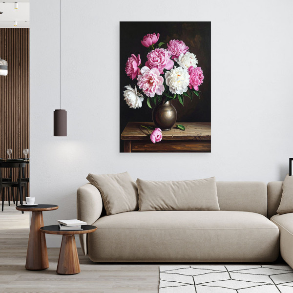 Obraz pionowy do salonu sypialni jadalni, Piwonie różowy bukiet 20x30