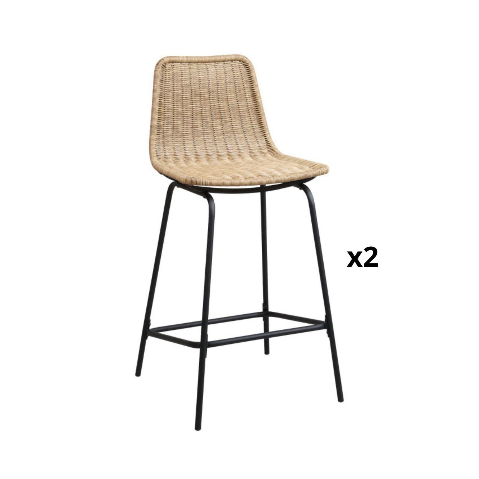 BALI - Lot de 2 tabourets d'ilot 65 cm en métal et rotin synthétique  Naturel