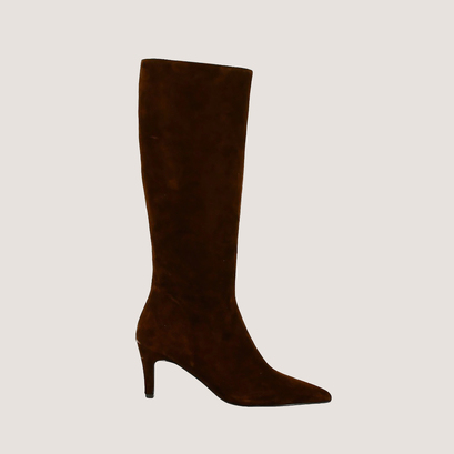 Bottes à talons fins et bouts pointusen velours marron | DIEMA