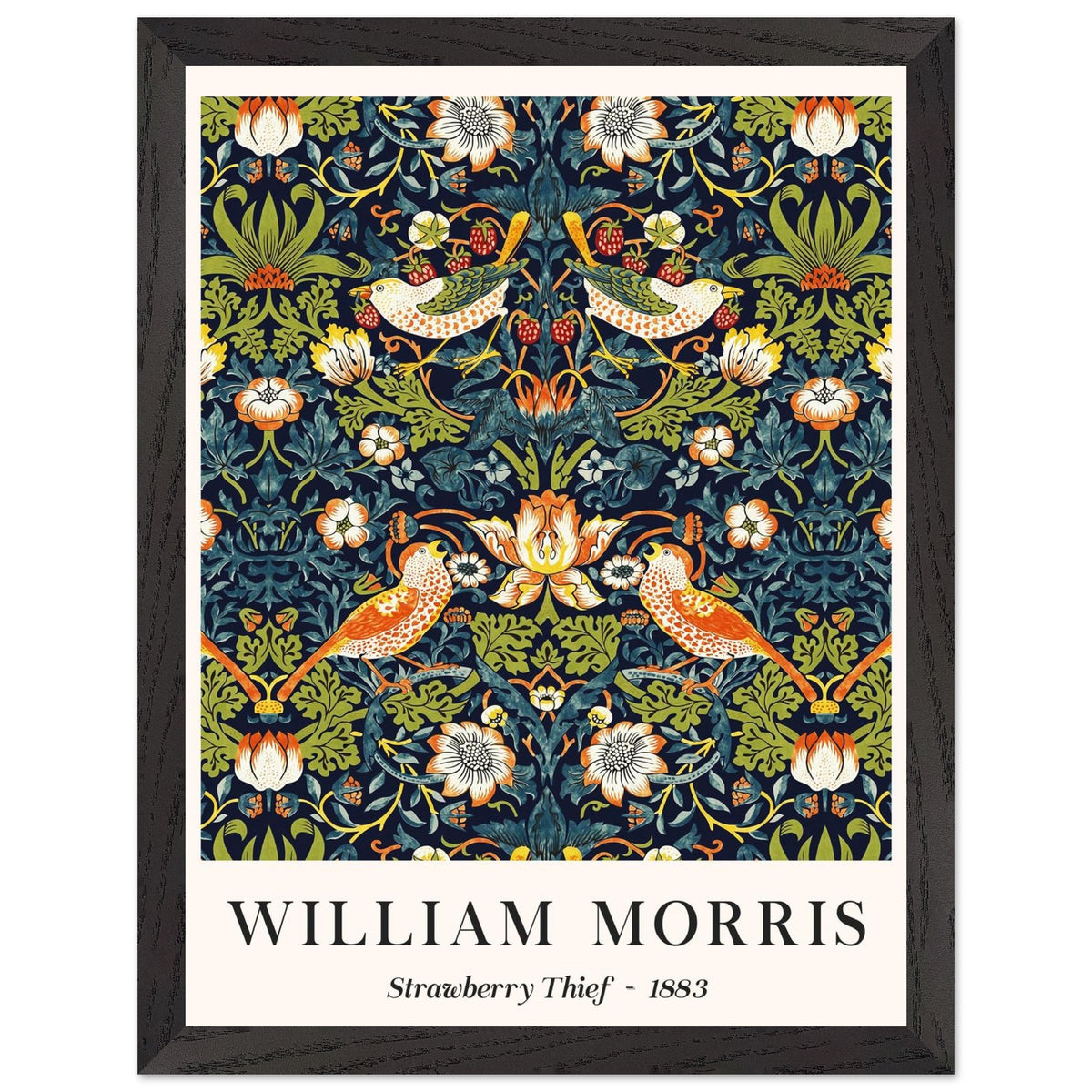 Artfulprints Poster met Lijst William Morris - Strawberry thief  - 30x40 cm - Donkergroen