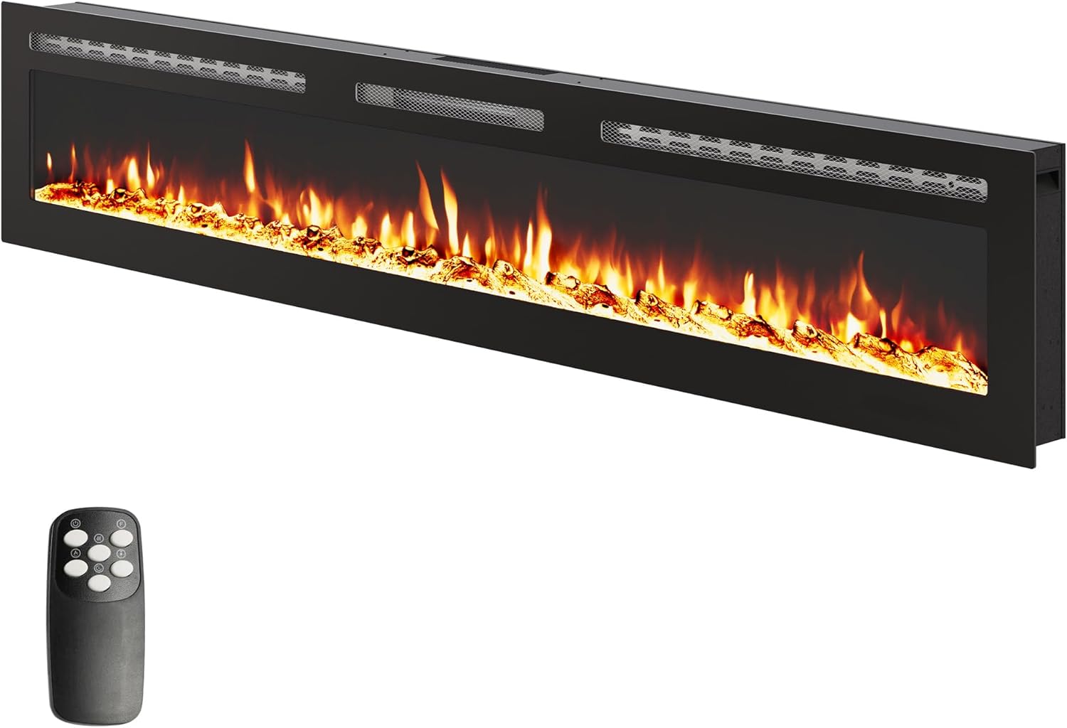 72-Inch Recessed Electric Fireplace, Wall Mounted, Remote Control, 12 Flame Colors, 750/1500W Heater, Multicolor, Log & Crystal, Black