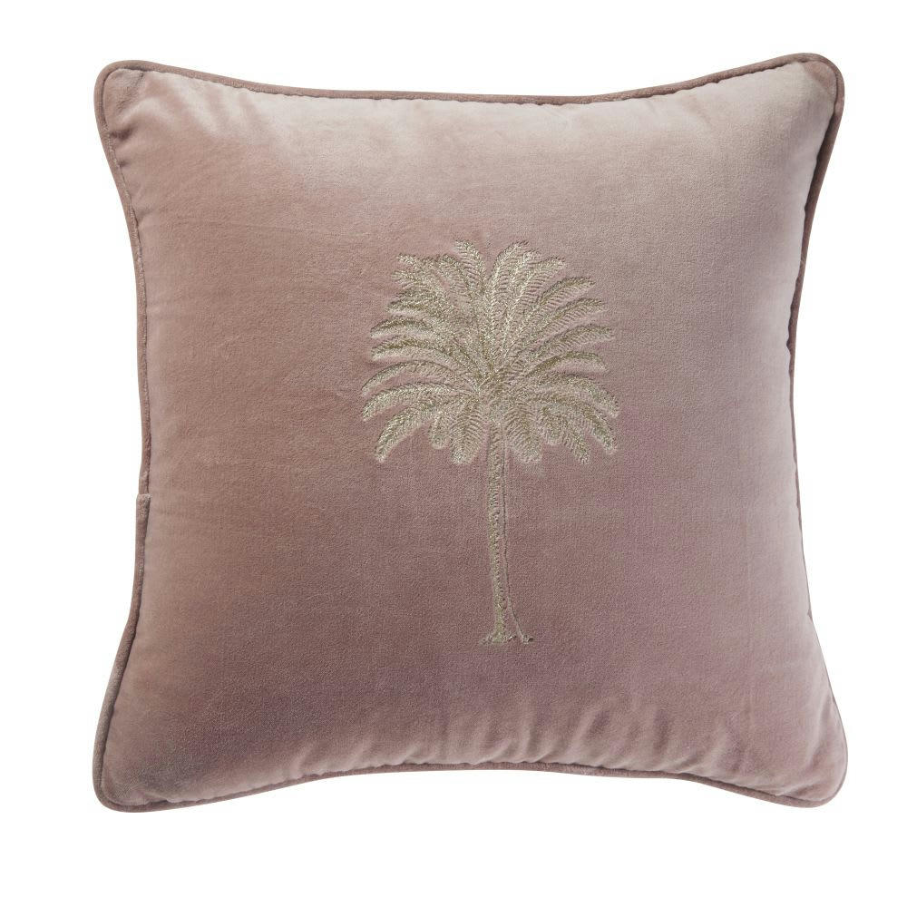 PALEMANO - Coussin en velours coton rose palmier doré brodé 45x45