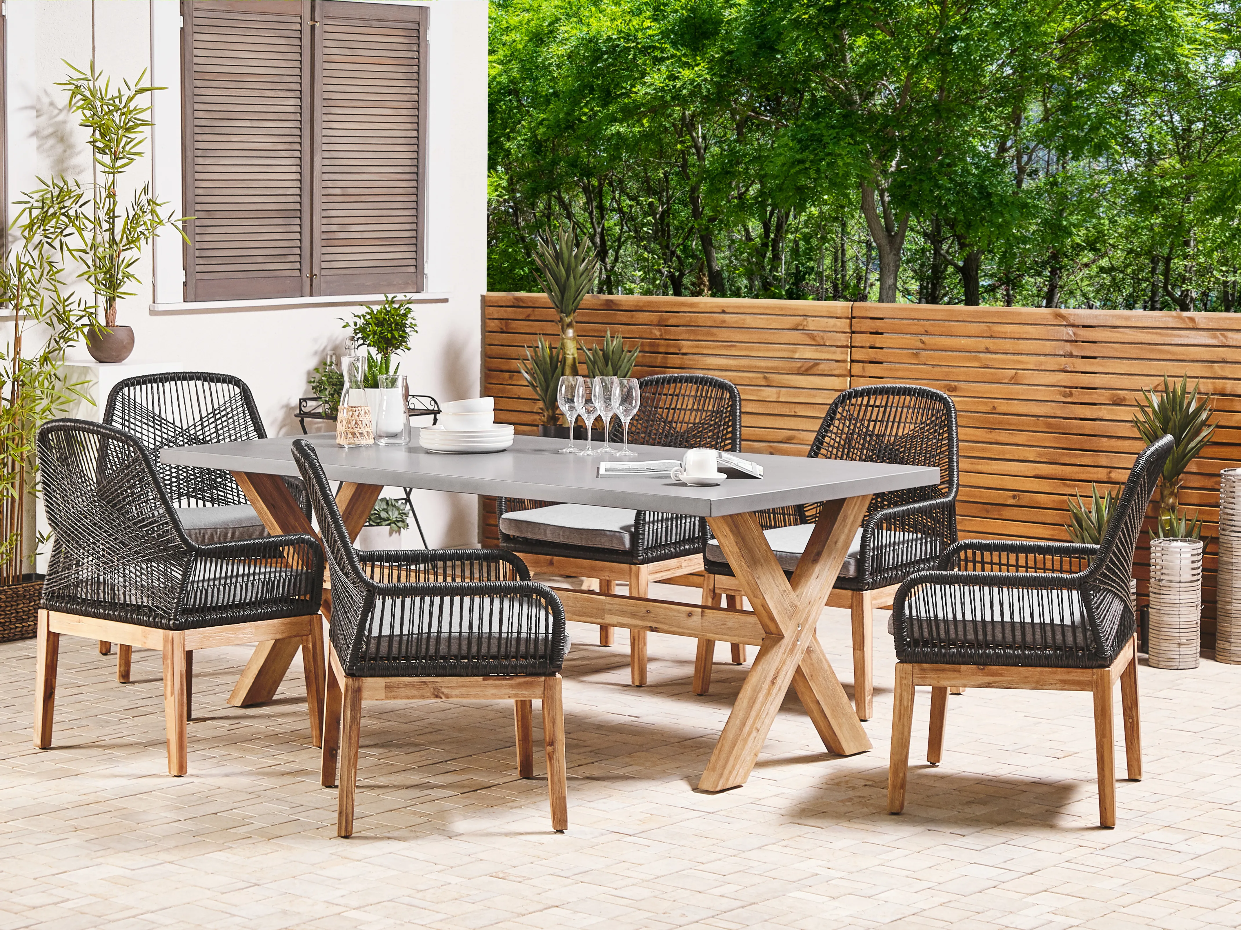 Garden Dining Set 6 Seater OLBIA with Cushions Black