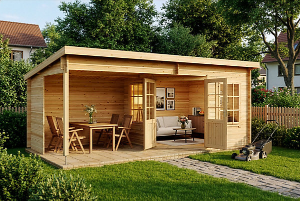Abri de jardin Carl Alpholz, 6x33m dim ext (cas échéant incl débord de toit) naturel, épaisseur paroi : 28mm, 19,7m² superficie to
