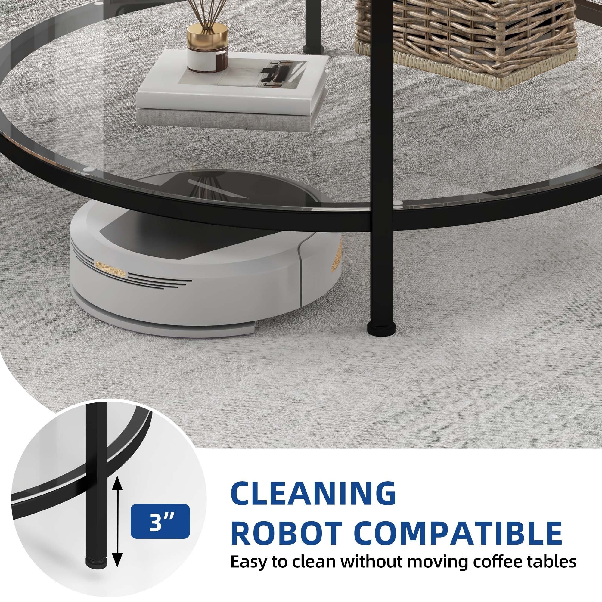 White Marble Pattern Round Coffee Table with Glass 2-Tier Circle Gold Frame