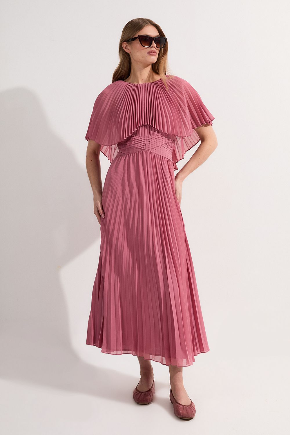 KarenMillen Pleated Cape Sleeve Low Back Maxi Dress