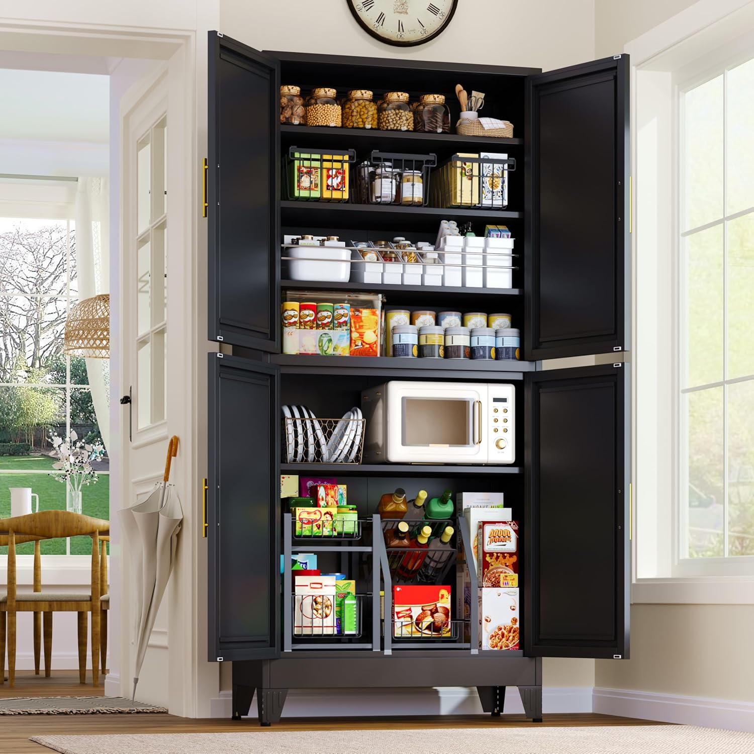 GAIOUS 75.2 Tall Metal Pantry Cabinet, Storage Cabinets with 4 Door and 4 Adjustable Shelves, Black Kitchen Pantry Storage Cabinet, Freestanding Cupboard for Kitchen Dining Room Living Room Bathroom