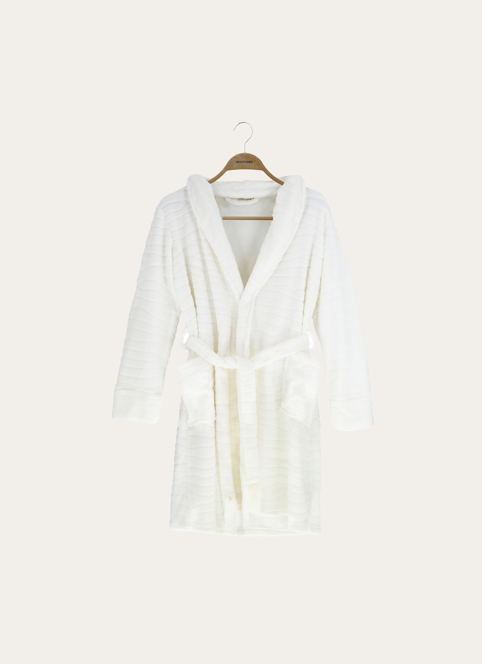 PEIGNOIR COURT EN VELOURS POLAIRE ECRU