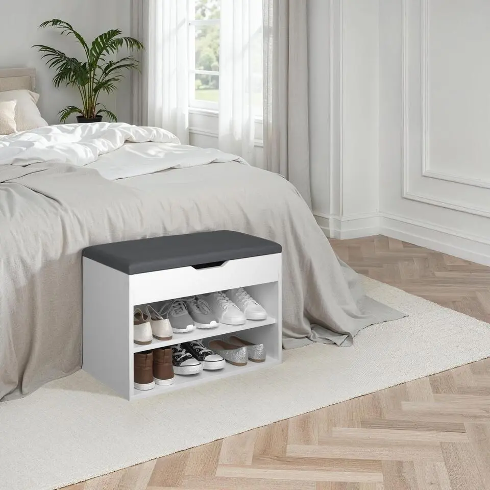 tectake Schoenenkast Jasmina met zitkussen 60x30x43,5cm, Wit
