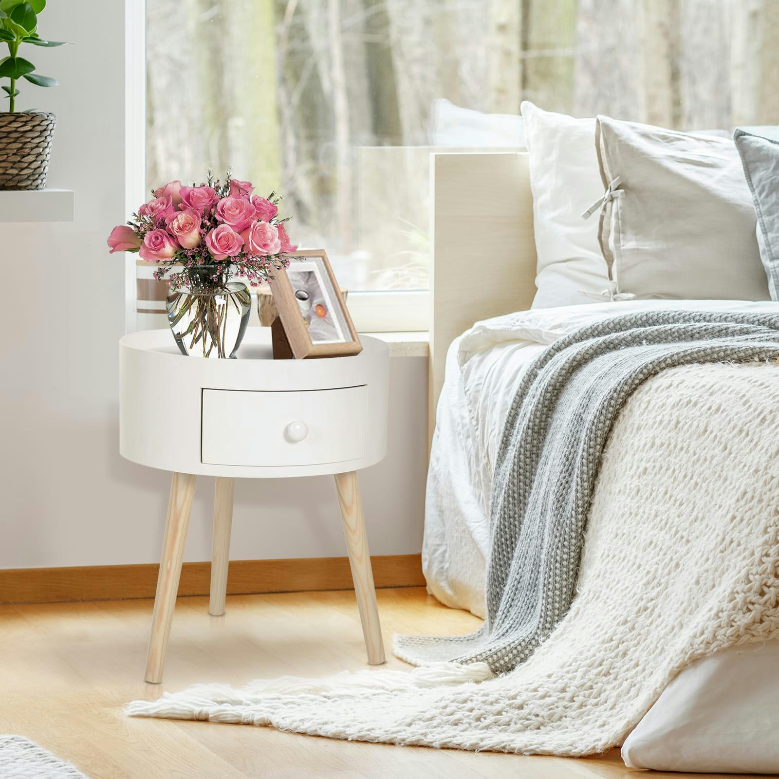 - Chevet table de nuit ronde 1 tiroir design scandinave bicolore