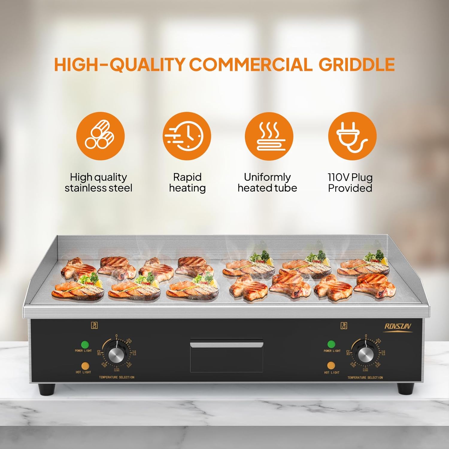 ROVSUN 30 Electric Countertop Flat Top Griddle, 3000W Electric Griddle, Teppanyaki Grill Stainless Steel with Adjustable Temperature Control 122°F-572°F for Commercial Home Restaurant, Plug