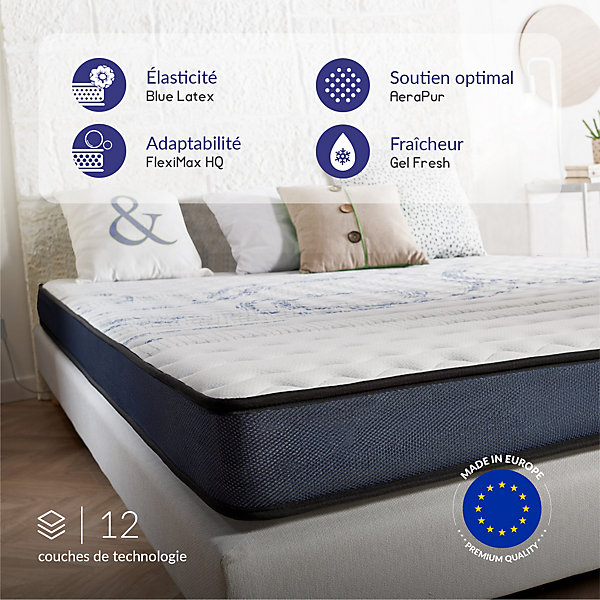 Matelas 140x190 à mémoire de forme - épaisseur 15 cm - Blue Latex - 7 zones de confort - Hypoallergénique - Perfect Dream