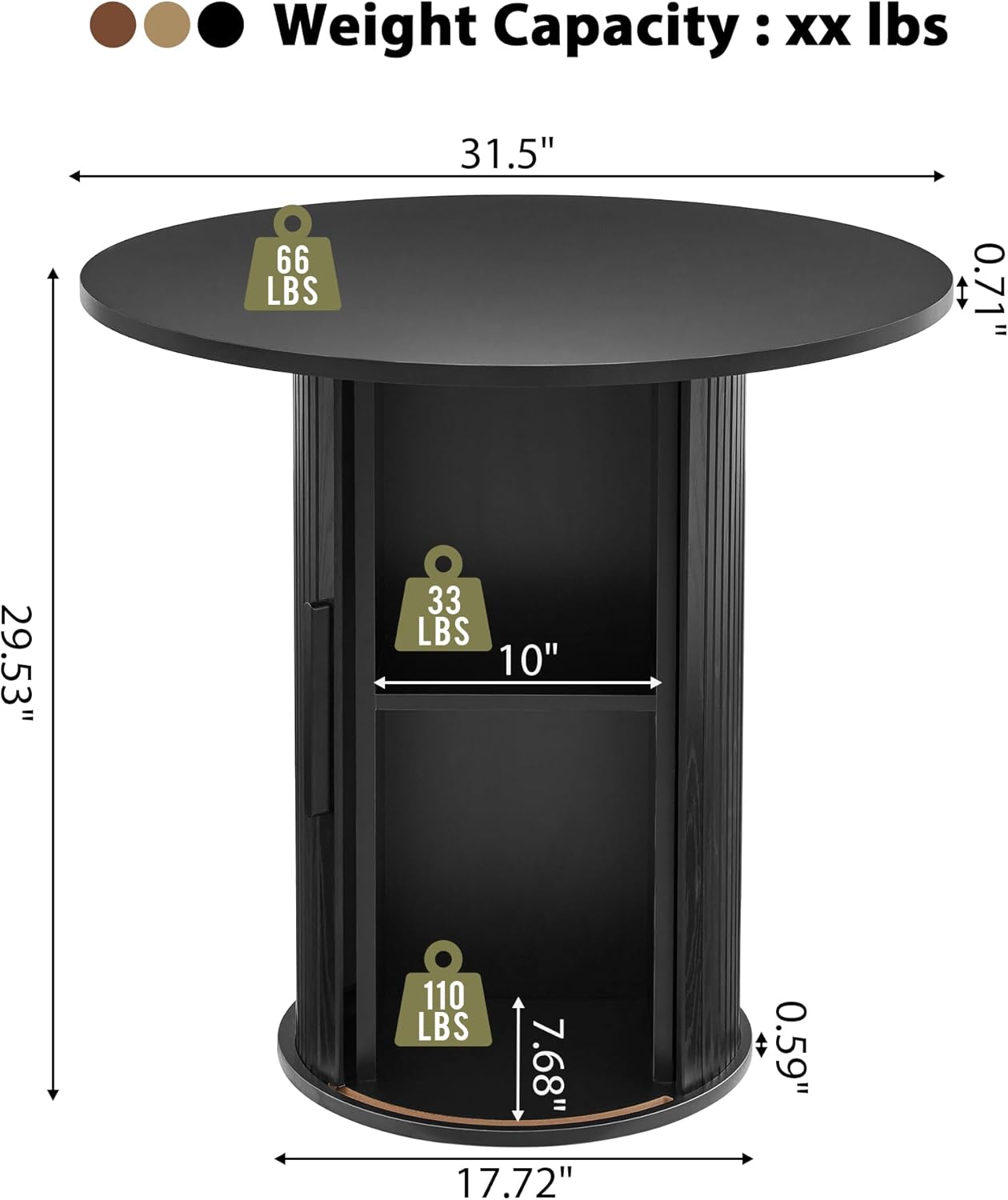 31.5 Round Dining Table for 2-4, Modern Kitchen Table with 2-Tier Storage Shelf, Small Wooden Circle Dining Tables with Fluted Base for Home Dining Room Living Room (Black)