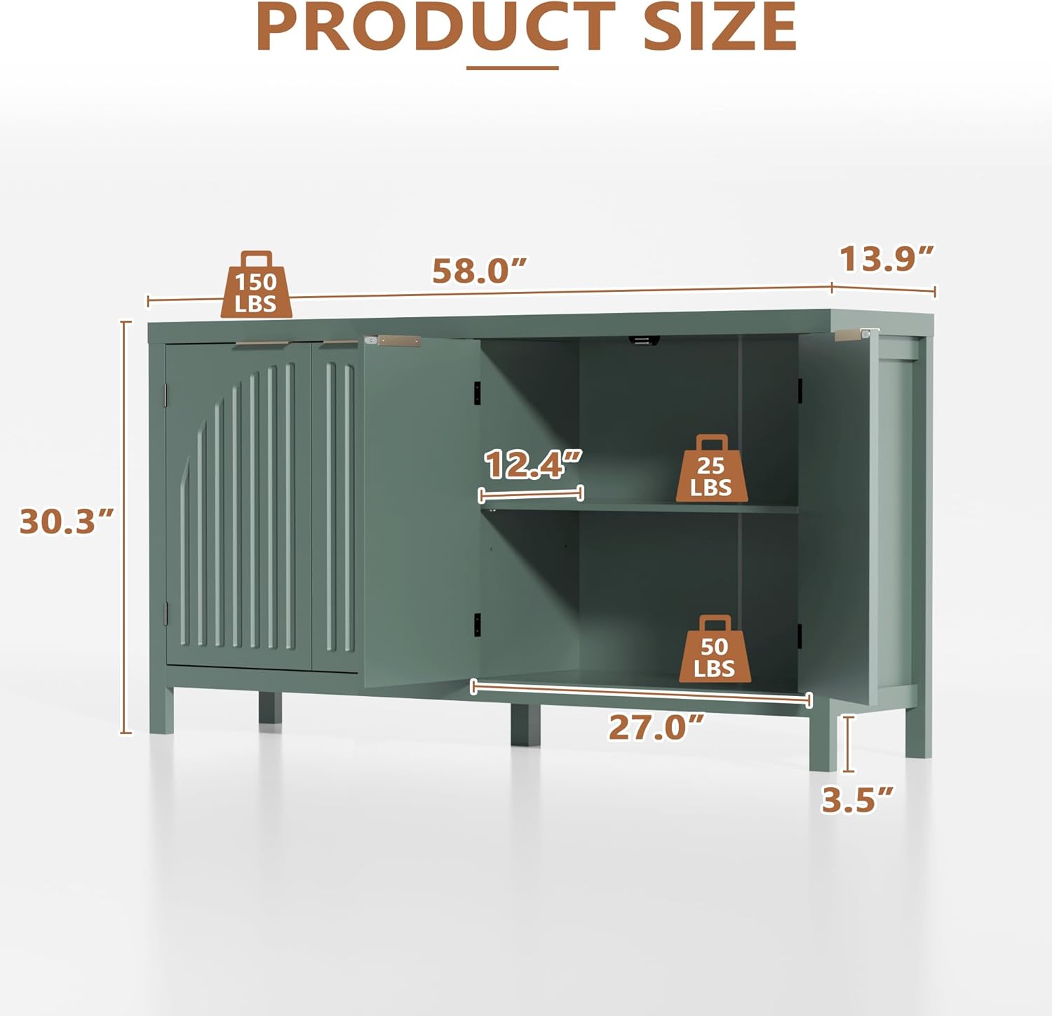 58 W Sideboard Buffet Cabinet with Storage, Mid Century Modern Credenza with Arch Doors & Shelves Coffee Bar Media Console Cabinets for Kitchen, Living Room, Entryway (Green)