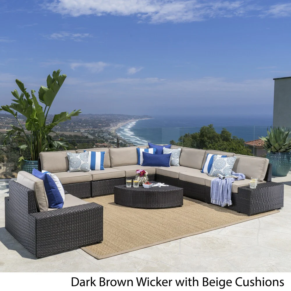 Santa Cruz Outdoor 9-piece Wicker Sectional with Cushions by Christopher Knight Home