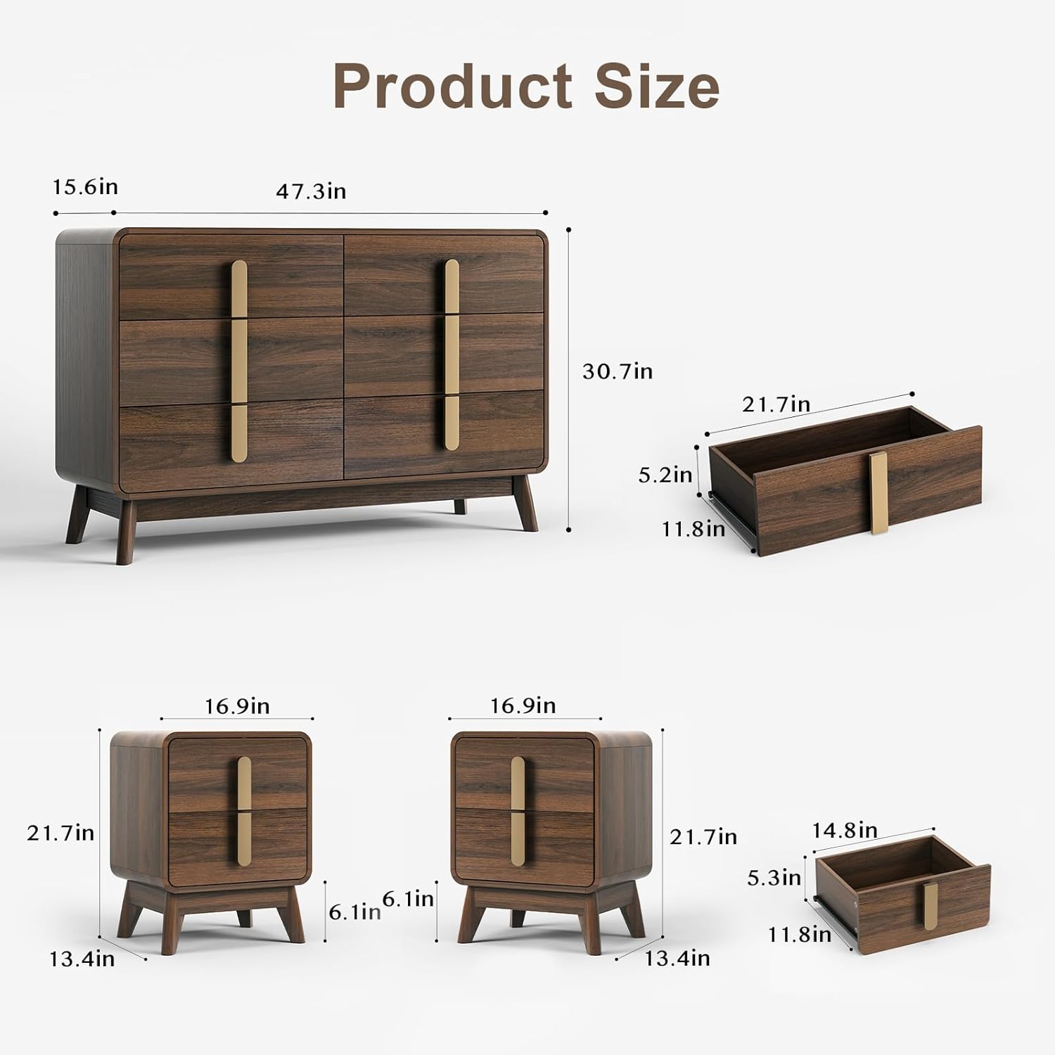 Mid Century Modern Bedroom Set, 6 Drawer Dresser and Nightstand Sets for Bedroom, Night Stand Set 2 & 6 Drawer Dresser with Gold Handles, Wood Chest of Drawers Storage Cabinet Set, Walnut